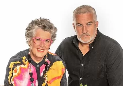 Paul with Prue Leith, a judge on The Great British Bake Off